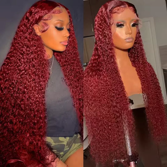 46 Inches Burgundy Deep Wave Lace Wig 13x6 Transparent HD Front Lace 200 Density Human Hair Brazilian for Women